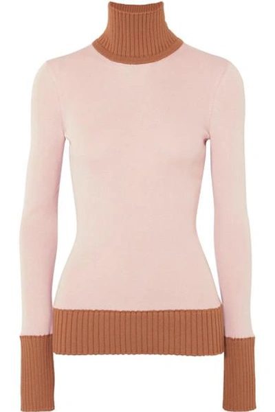 Shop Victoria Beckham Two-tone Ribbed Wool-blend Turtleneck Sweater In Pink