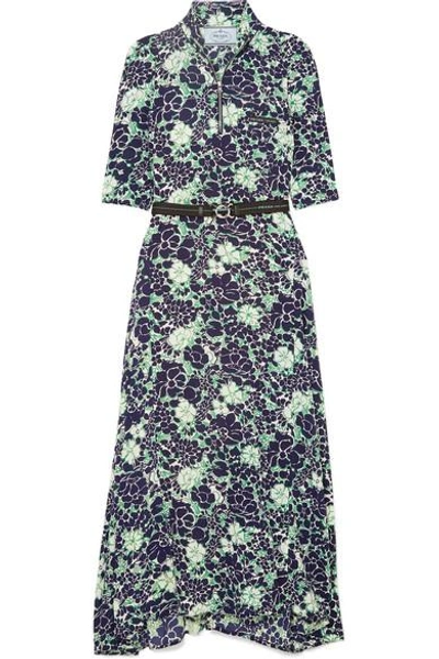 Shop Prada Asymmetric Floral-print Stretch-silk Midi Dress In Navy