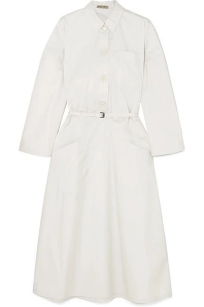 Shop Bottega Veneta Belted Cotton-blend Poplin Midi Dress In White