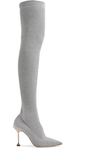Shop Miu Miu Crystal-embellished Metallic Ribbed-knit Over-the-knee Sock Boots In Silver