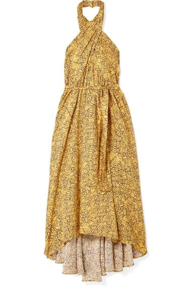 Shop Apiece Apart Wassily Printed Cotton-blend Voile Halterneck Dress In Yellow