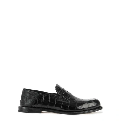Shop Loewe Black Crocodile-effect Leather Loafers