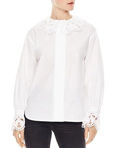 Shop Sandro Lineaire Scalloped Lace-trim Cotton Top In White
