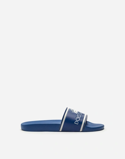 Shop Dolce & Gabbana Printed Calfskin And Rubber Sliders In Azure