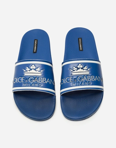 Shop Dolce & Gabbana Printed Calfskin And Rubber Sliders In Azure