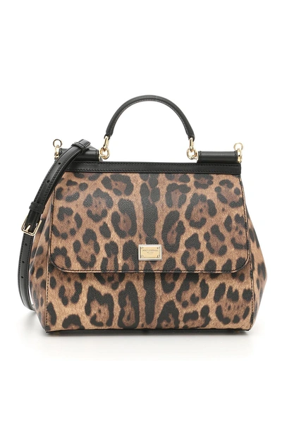 Shop Dolce & Gabbana Leopard Textured Sicily Bag In Naturale Nerobeige