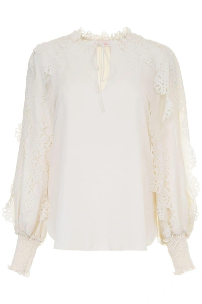 Shop See By Chloé Lace Shoulder Blouse In White Whisper