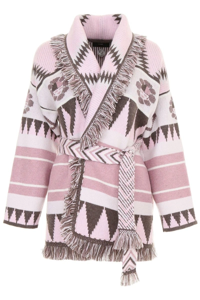 Shop Alanui Jacquard Cashmere Cardigan In Ophelia Pink Falcon Green (pink)