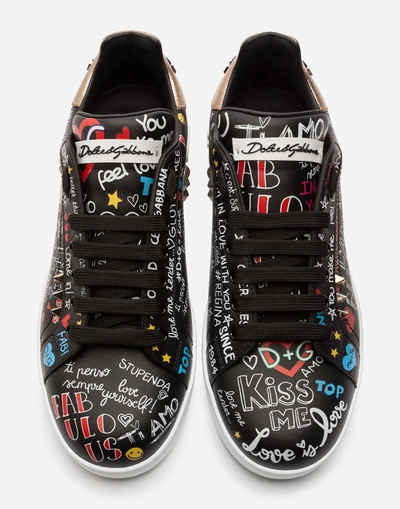 Shop Dolce & Gabbana Printed Calfskin Portofino Sneakers In Black