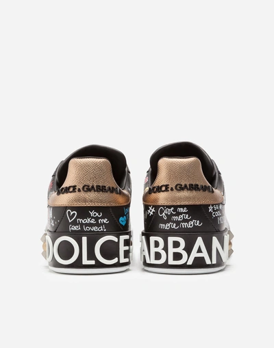 Shop Dolce & Gabbana Printed Calfskin Portofino Sneakers In Black