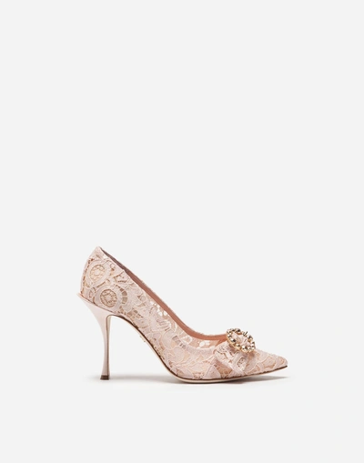 Shop Dolce & Gabbana Lace Pumps With Bejeweled Detail In Pink