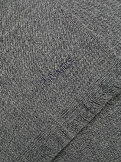 Shop Prada Frayed Logo Scarf - Grey