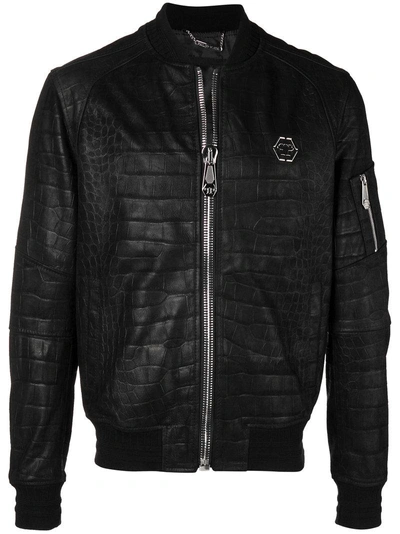 Shop Philipp Plein Leather Bomber Jacket - Black