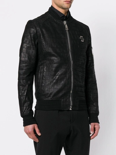 Shop Philipp Plein Leather Bomber Jacket - Black