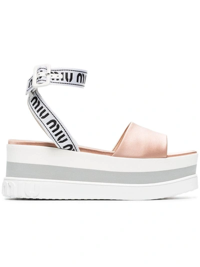 Shop Miu Miu Logo Strap 75 Satin Wedge Sandals - Neutrals
