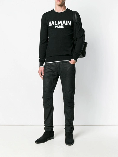 Shop Balmain Logo Intarsia Sweater In Black