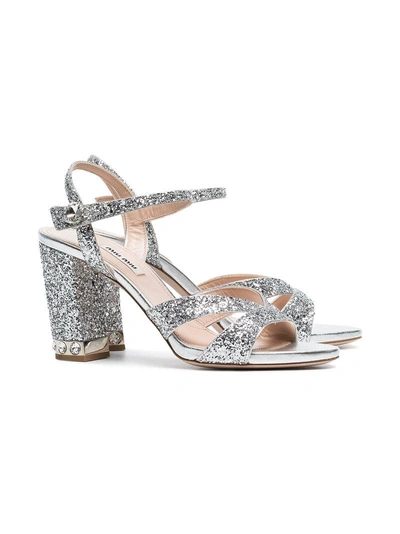 Shop Miu Miu Silver 85 Glitter Sandals - Metallic