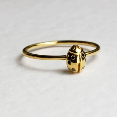 Lee Renee Ladybird Black Diamond Ring/wings Closed -gold