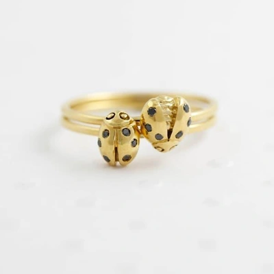 Lee Renee Ladybird Black Diamond Ring/wings Closed -gold