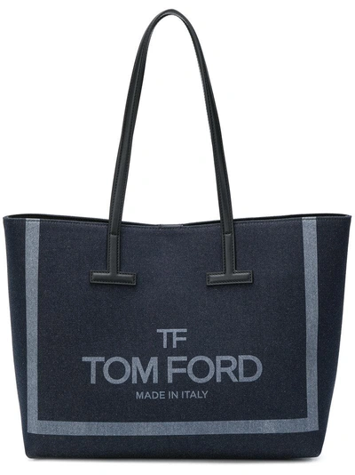 Shop Tom Ford Logo Denim Shopper Tote - Blue