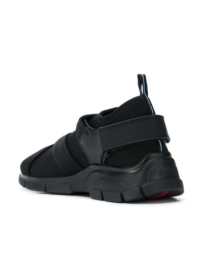 Edgy Neoprene: Prada Black Buckle Neoprene Sneakers