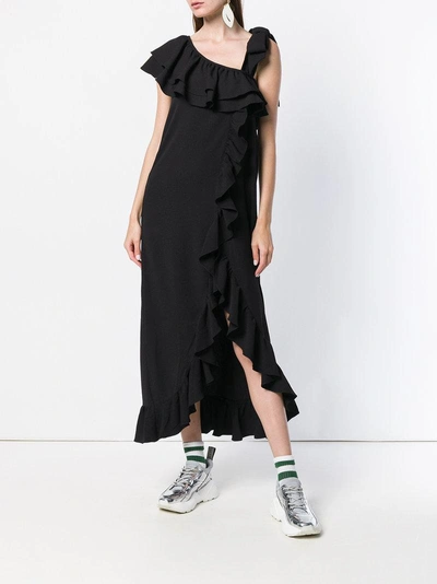 Shop Ganni Asymmetric Ruffled Dress - Black