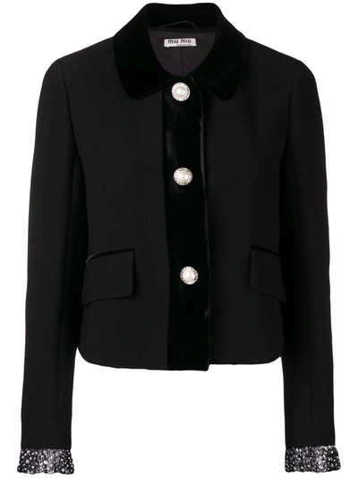 Shop Miu Miu Embellished Cuff Fitted Jacket In Black