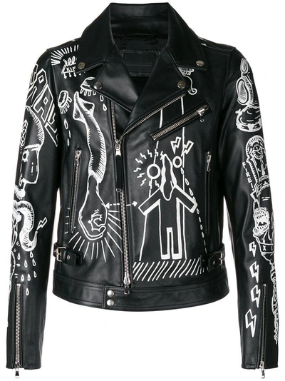 Shop Diesel Black Gold Printed Design Biker Jacket