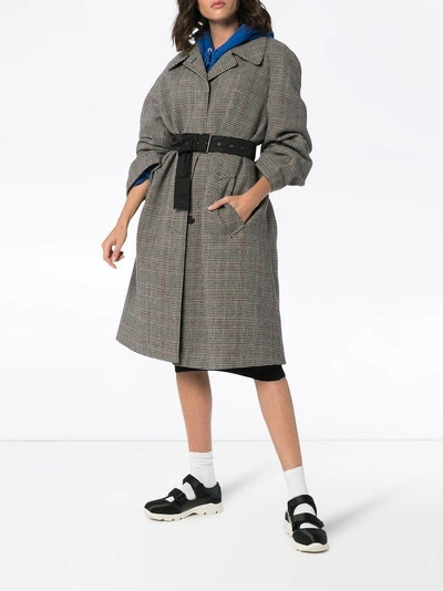 Shop Prada Belted Check Virgin Wool Blend Coat - Black