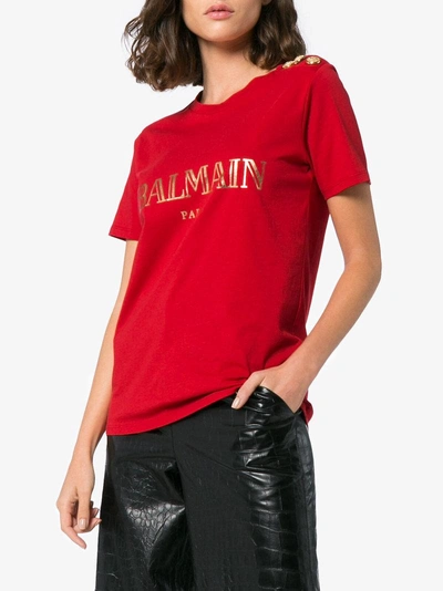 Shop Balmain Red Buttoned Logo Print T Shirt