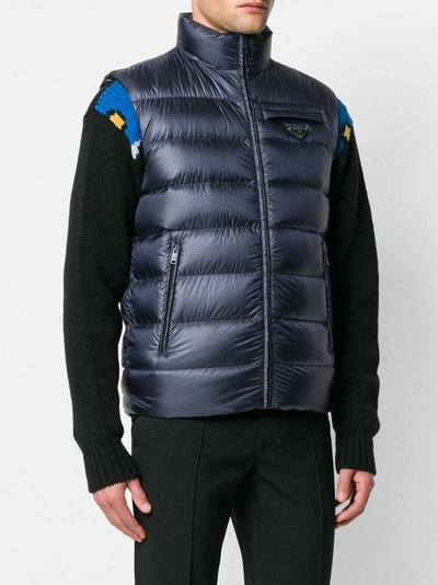 Shop Prada Logo Puffer Gilet - Blue