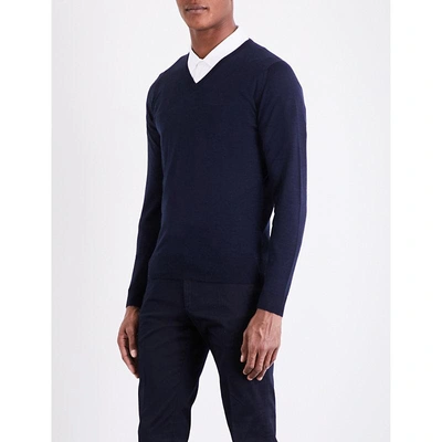 Shop John Smedley Blenheim V-neck Wool Jumper In Midnight