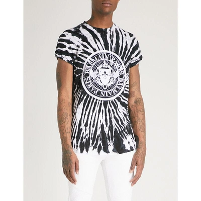 Shop Balmain Tie-dye Logo-print Cotton-jersey T-shirt In Noir Blanc