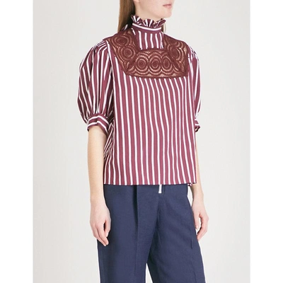 Shop Sandro Lace-embroidered Striped Crepe Top In Bordeaux