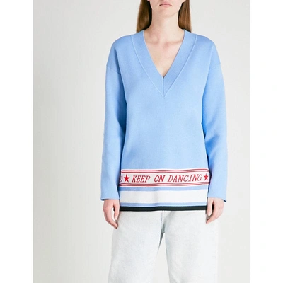 Shop Sandro Text-embroidered V-neck Knitted Jumper In Bleu Ciel