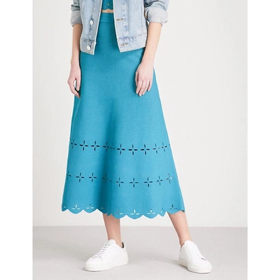 Shop Sandro Laser-cut Stretch-knit Midi Skirt In Blue