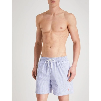 Shop Polo Ralph Lauren Traveller Striped Cotton-blend Swim Shorts In Blue