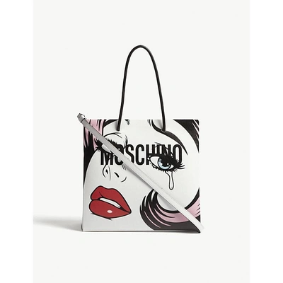 Shop Moschino Face And Logo Leather Shopper In White