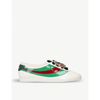 Shop Gucci Falacer Embellished Patent-leather Trainers In Bone