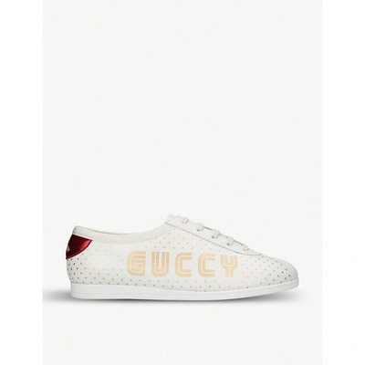 Shop Gucci Falacer Guccy Print Leather Low-top Trainers In White/oth