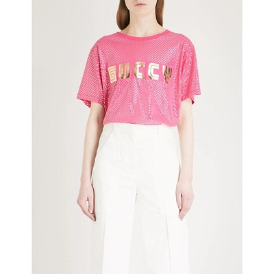 Shop Gucci Guccy Cotton-jersey T-shirt In Pink
