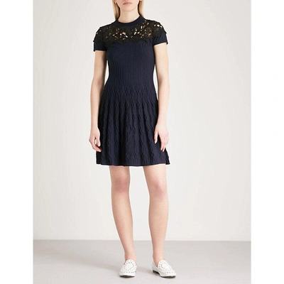 Shop The Kooples Floral Lace-panel Knitted Dress In Nav03