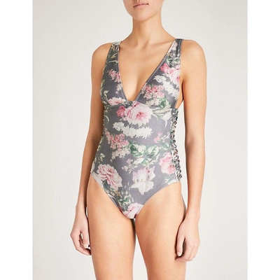 Shop Zimmermann Iris Lace-up Swimsuit In Charcoal Floral