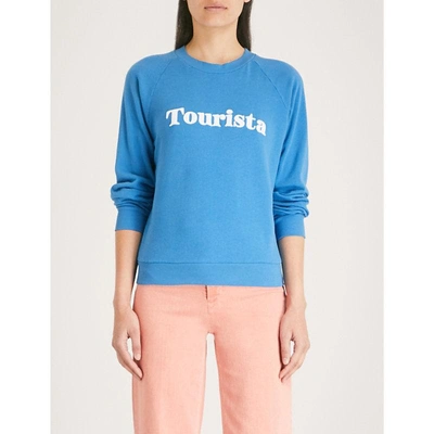 Shop Wildfox Tourista Cotton Flocked Slogan Sweatshirt In Blue Coast