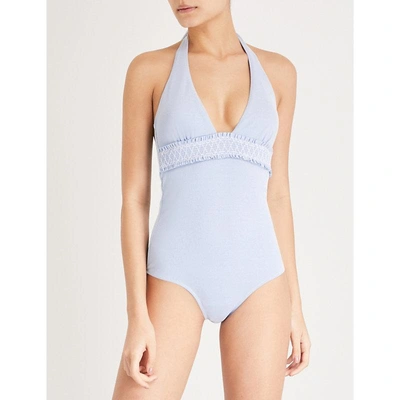 Shop Heidi Klein Blue Embroidered Cassis Smocked Swimsuit
