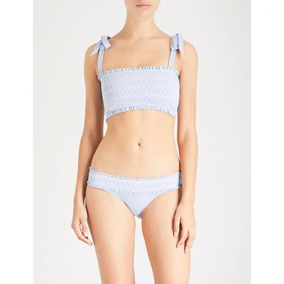 Shop Heidi Klein Blue Embroidered Cassis Smocked Bandeau Bikini Top