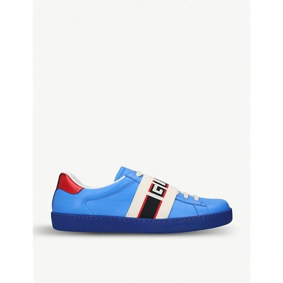Shop Gucci New Ace Stripe Leather Trainers In Blue