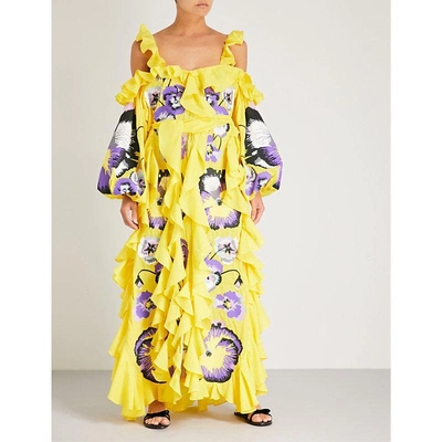 Shop Yuliya Magdych Pansies Cotton And Silk-blend Dress In Yellow/purple