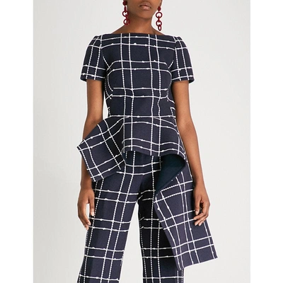 Shop Oscar De La Renta Ladies Navy Blue And White Checked Draped Cotton-blend Top In Navy/white