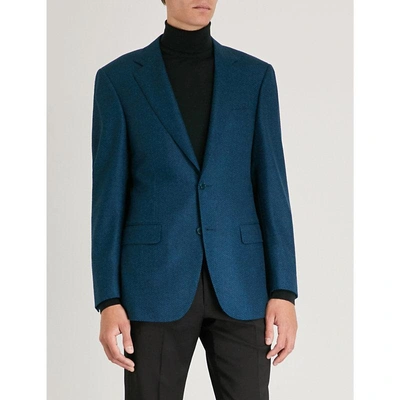 Shop Canali Chevron Tailored-fit Wool Blazer In Turquoise